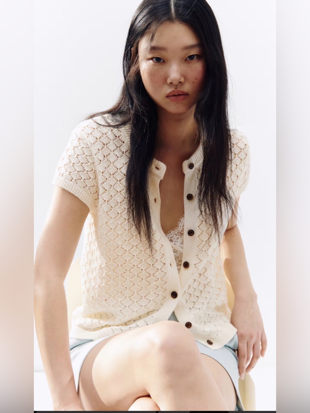 H&M CAP-SLEEVED POINTELLE-KNIT CARDIGAN LIGHT BEIGE